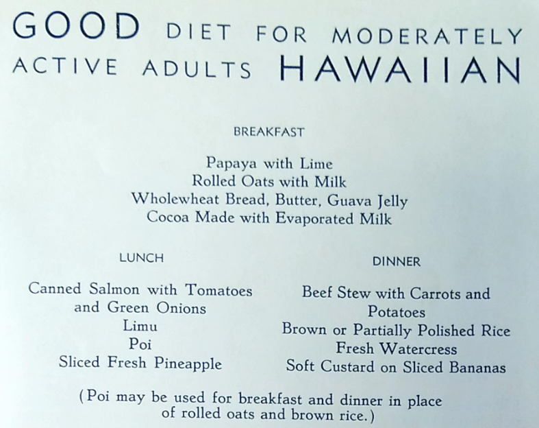 A scan of the publication 'Food for Health in Hawaii' showing a meal plan entitled 'Good diet for moderately active adults: Hawaiian.' Breakfast is papaya with lime, rolled oats with milk, wholewheat bread, butter, guava jelly, cocoa and evaporated milk. Lunch is canned salmon with tomatoes and green onions, limu, poi, sliced fresh pineapple. Dinner is beef stew with carrots and potatoes, brown or partially polisted rice, fresh watercress, soft custard on sliced bananas. It ends with the note that poi can be used to replace oats and brown rice at breakfast and dinner.