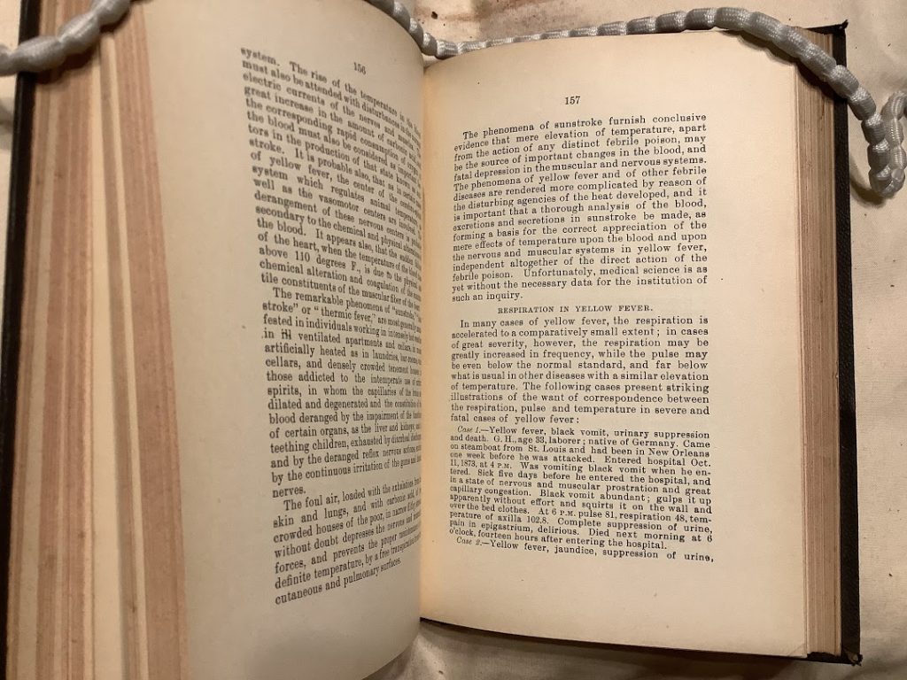 Open pages (pages 156-157) of Original Investigations on the Natural History of Yellow Fever by Joseph Jones.