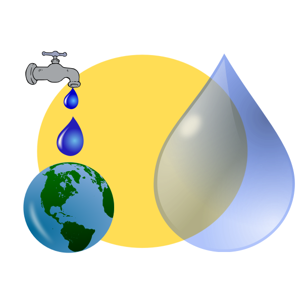 Graphic showing a tap dripping water, the globe, and a drop of water.